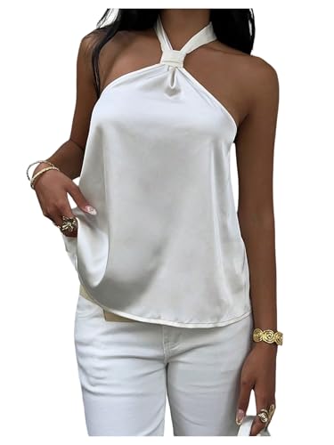 SOLY HUX Womens Summer Halter Tops Silk Satin Tie Backless Sleeveless Going Out Top Plain White Large