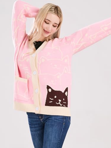 ebossy Women's Kawaii Cartoon Cat Cardigan Japanese Aesthetic Button Down Jacquard Knit Sweater Coat4