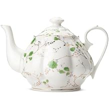BTaT- Floral Tea Pot, 38 oz, White with Green Roses & Gold Trim, Porcelain Teapot Ceramic, Dishwasher Safe, Mothers Day Gift