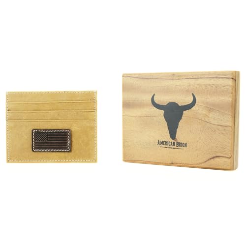American Bison Men’s Leather Credit Card Holder – Embossed American Flag Slim Wallet with ID Window, 3 Card Slots, Slide Pocket – Wooden Gift Box (Tan)4