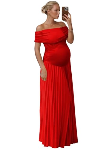 Fivsole Maxi Pleated Maternity Dress Plus Size Red Satin