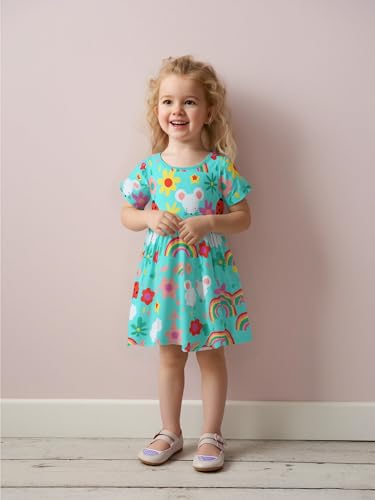 AIWUHE Toddler Girls Dress Cotton Casual Short Sleeve Striped Jersey Dresses Summer Cartoon Dinosaurs Appliques Shirt 2-7Y4