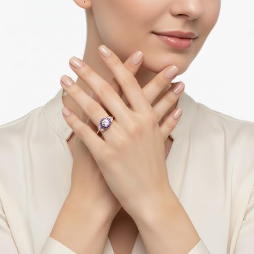 Image of Rose Gold Plated Diamond CZ & Blue Sapphire Petal Halo Engagement Ring for Women, Petite Round Shape Wedding & Everyday Jewelry, Handmade Gift for Wife US Size 4-12