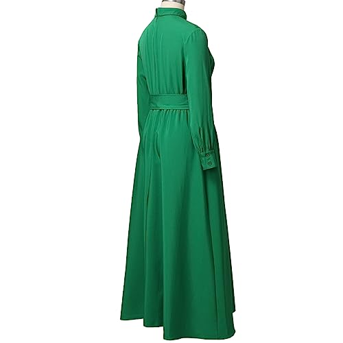 Image of CAMDOM Church Clergy Dress for Women Long Sleeve A Line Elegant Maxi Dress with Tab Insert Stand Collar and BeltA