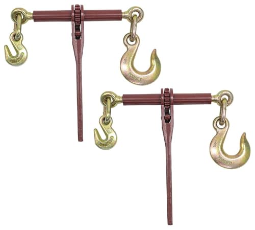 Image of 5 /16 inch - 3 /8 Heavy Duty Ratchet Lever Load Chain Binder w /Grab Hook one Side, 1 /2 inch Slip Hook on Other 6,600 Lbs Working Load Limit (2 Pack)