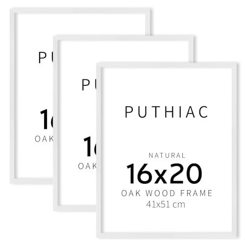 puthiac 16x20 White Picture Frames for Wall - Minimalist 16x20 Oak Wood Frames, 16"x20" Picture Frame Wood, Natural Solid Wooden Picture Frames for Wall Art Photo and Prints (3 Pack, White)