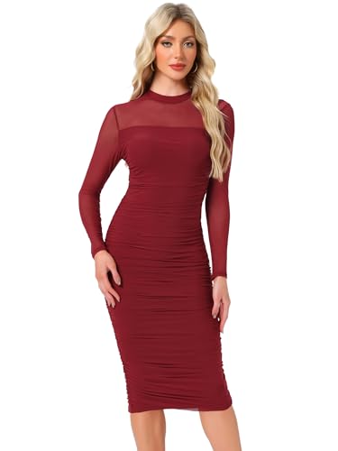 Image of Allegra K Mesh Dress for Women Long Sleeve Mock Neck Ruched Bodycon Dresses
