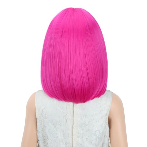 Image of PATTNIUM Hot Pink Wig for Kids Child Short Magenta Bob Wig Neon Pink Wig for Girls Cosplay Party Synthetic Rose Net Wigs