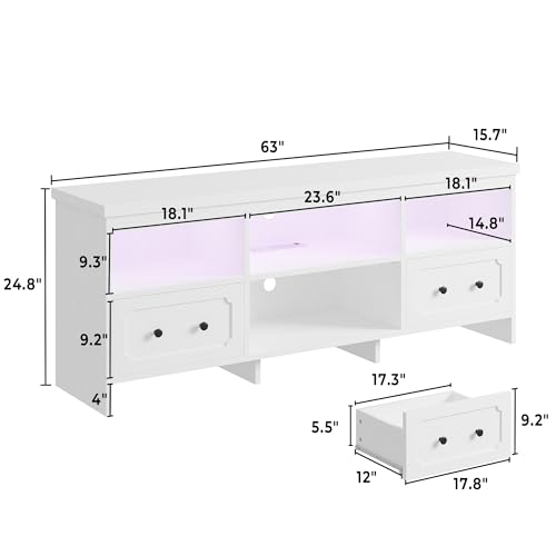 IRONCK TV Stand for 65 Inch TV, 63" LED Entertainment Center with Storage Cabinets, Power Outlets and Open Shelf, Media Console TV Cabinet with Drawers for Living Room, White