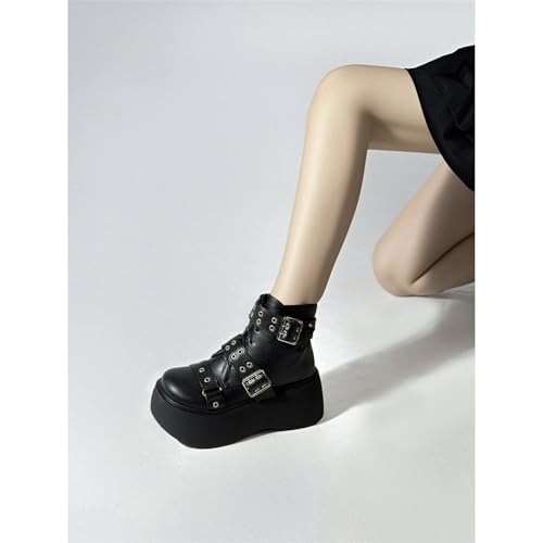 Image of FOREADA Goth Boots Chunky Heel Boot For Women Ankle Combat Booties Black Platform Bootie Buckle Rivets Punk Goth Shoes With Zipper