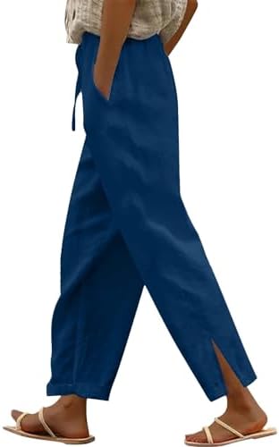 Linen Pants for Women 2025 Summer Elastic High Waist Split Hem Pants Casual Loose Fit Drawstring Trousers with Pocket Linen Pants for Women 2025 Summer Elastic High Waist Split Hem Pants Casual Loose Fit Drawstring Trousers with Pocket