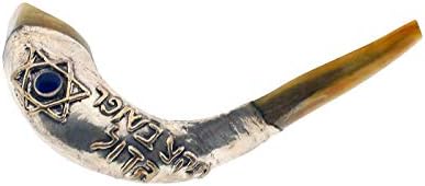 KOSHER ODORLESS STERLING SILVER SHOFAR | Natural Rams Horn | Popular Judaica Designs | Smooth Mouthpiece for Easy Blowing | Includes Carrying Bag and Guide (Star of David w Blue eye and Blessing)