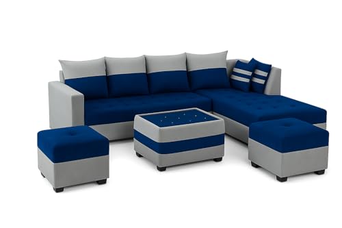 Image of FURNY Stylecon 8 Seater Fabric RHS L Shape Sofa Set with 1 Centre Table & 2 Ottoman (Blue-Light Grey) | Premium Velvet Finish | Durable Comfort | Ideal for Living Room