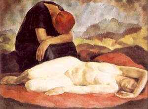 Peinture à l'huile Pieta 1923 Erzsébet Korb pour décorer un salon spacieux ou un bureau