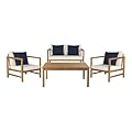 SAFAVIEH Outdoor Collection Montez Natural/ Beige Cushions/ Navy Pillows 4-Piece Conversation Patio Set