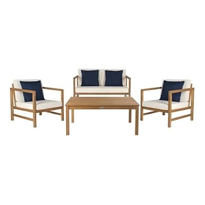 SAFAVIEH Outdoor Collection Montez Natural/ Beige Cushions/ Navy Pillows 4-Piece Conversation Patio Set