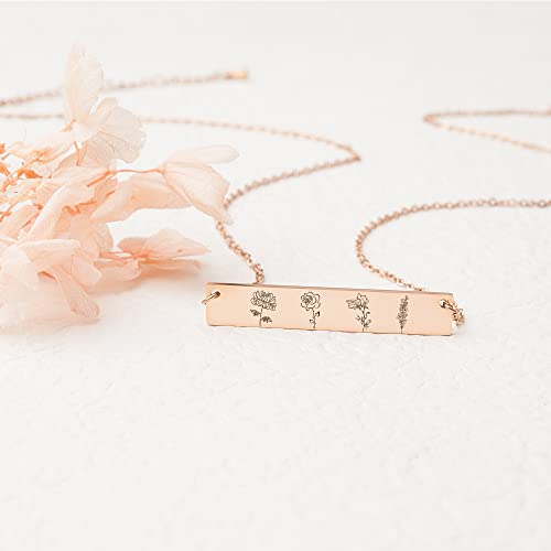 Anavia Personalized Birthday Month Flowers Necklace, Personalized Engraved Floral Bar Necklace, Customized Birthday Gifts Love Jewelry Mom Sister Friends Family Couple Long Distance4