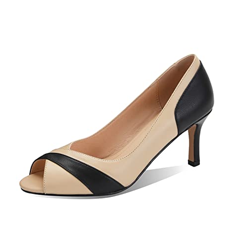 SHODENSE Women Peep Toe Stiletto Heel Pumps Slip On Open Toe Pump Shoes Two Tone 3 Inch Mid Kitten Heel Dress Sandal Pump Shoes Ladies Patchwork Office Summer Elegant Retro Concise 4-11 M US