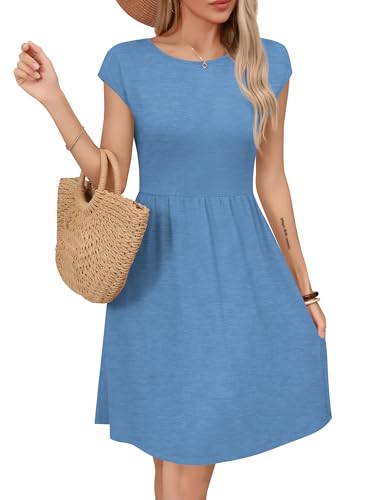 Missufe Damen Sommerkleid A Linien Swing Knielang Skaterkleid Freizeitkleider mit Taschen (Himmelblau, Large)