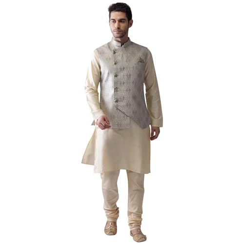 KISAH Men's Kurta, Asymmetrical Nehru Jacket & Pajama Set – Traditional Indian Ethnic Wear for Weddings & Festive Occasions