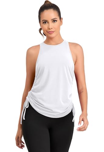 Pima Cotton Workout Tops for Women Drawstring Ruched High Neck Yoga Tops Sleeveless Athletic Running Tank Tops