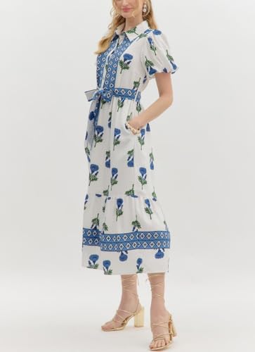 Image of Women Patchwork Dress Y2k Floral Puff Short Sleeve Maxi Dress Summer Boho Smocked Tiered Ruffle Beach Sundress