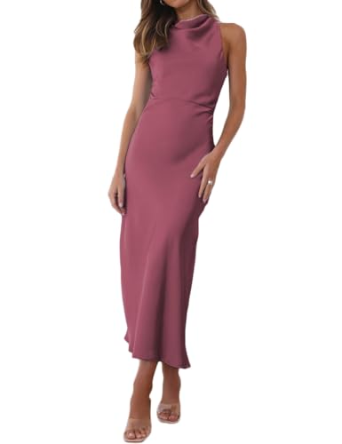 Halfisland Satin, hoher Halsausschnitt, rückenfrei, ärmellos, Midi-Kleider für Damen, elegant, Stehkragen, hohe Taille, gekreuzter Rücken,...