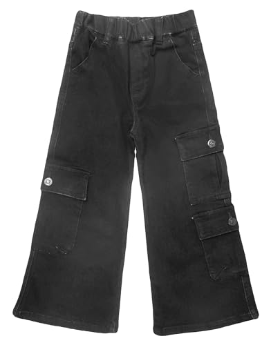 KIDSCOOL SPACE 7-Pocket Girls Wide-Leg Stretch Denim Pants, 5-14T Ribbed Elastic Waist with D-Ring Cargo Jeans