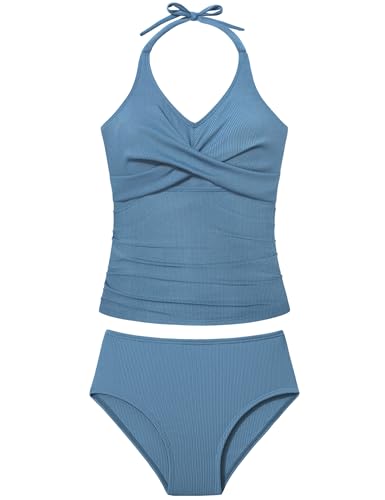 Image of Girls Swimsuits 2 Piece Halterneck Bathing Suit Criss Cross Ruched Printed Tankini Swimwear Set for 9-16 Years