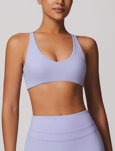 Image of ABOCIW Womens V Neck Twist Back Sports Bra Padded Low Impact Fitness Yoga Bra Workout Crop Top