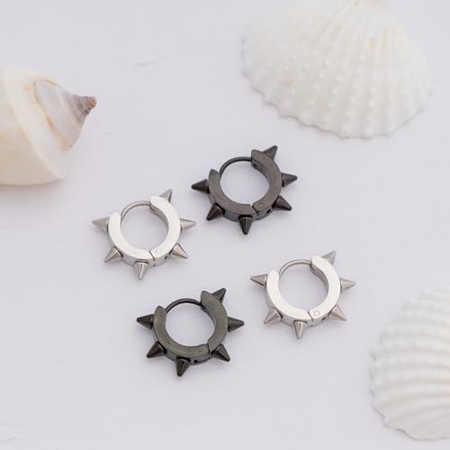 LotusUS Black Spiked Huggie Earrings (Pair), Silver Spike Hoops, Unisex Stainless Steel Hoop Earrings, Gothic Black Jewelry, Women Men Hoop Earrings, Punk Huggies3