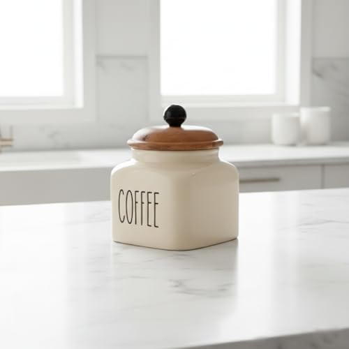 Image of Ceramic Coffee Jar Container Airtight Kitchen Storage Containers with Wooden Lids - Handcrafted Ceramic Canisters for Countertop, Pantry & Home Decor - 600ml, Beige