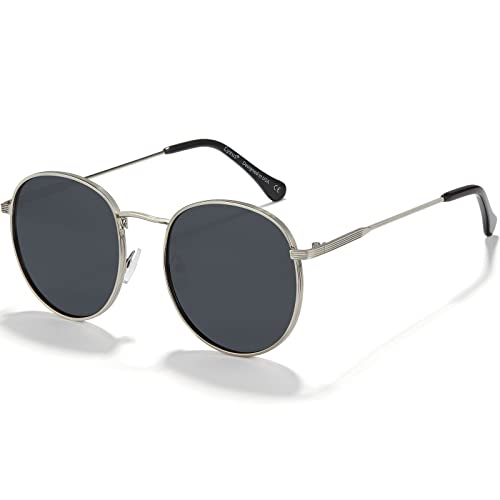 Cyxus Sonnenbrille Runde Herren Damen Retro Polarisiert Sonnenbrille Outdoor UV 400 für Fahren Angeln Reisen（1003 Schwarz Linse Silber Rahmen