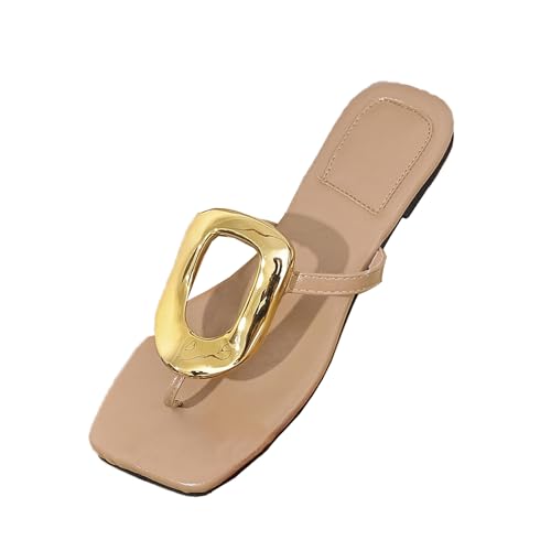 Women's Flat Flip Flops with Metal Decoration Fashion Square Open Toe Comfortable Slip on Slide Sandals Summer Casual Beach Flip Flops