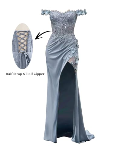 Lace Appliques Satin Prom Dresses for Women 2025 Off Shoulder Mermaid Formal Evening Dress with Slit P10123