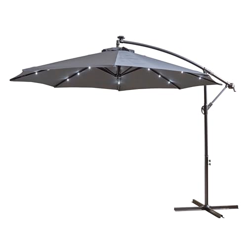 Neo 3M Garden Banana Outdoor Waterproof Freestanding Parasol LED Lights Hanging Cantilever Umbrella Sun Shade with Crank Handle Cross Base