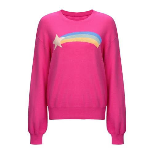 Rainbow Star Cosplay Costume Knitted Sweater Adult Women Youth Girls Pink Crewneck Halloween Pullover Sweatshirt Top (US Alpha Medium Regular Regular Pink)