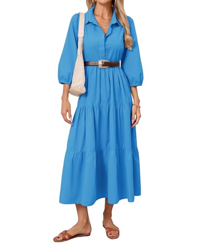 Image of Women Button Down Maxi Shirt Dress Long Sleeve Flowy Tiered Collared Dresses with Pockets
