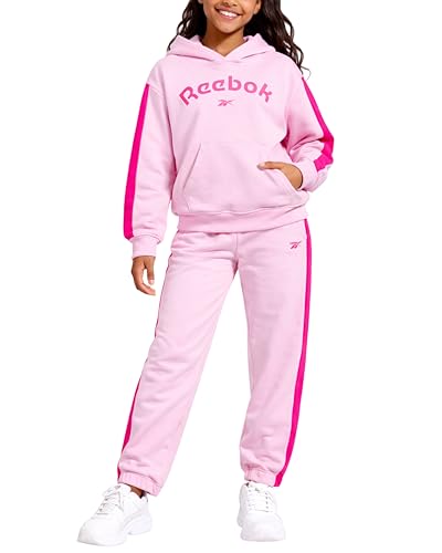 Reebok Girls Jogger Set - 2 Piece Matching Sweat Set with Pullover Hoodies and Athletic Joggers for Girls, Size 10, Pink