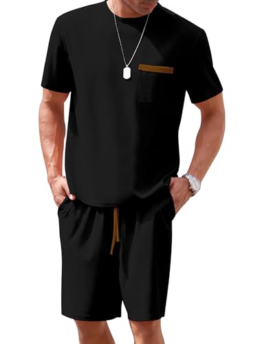 ODIZLI Men's Waffle T Shirt and Drawstring Shorts Summer Tracksuit Casual Two Piece Outfits with Pockets