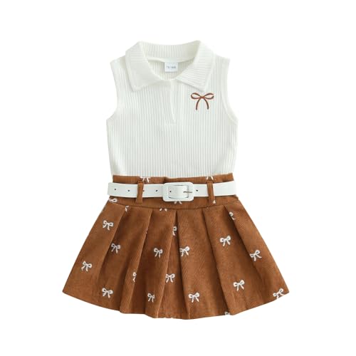 NANCHNEGGU 3PCS Infant Baby Girls Lapel V Neck Sleeveless Knitted Vest + Bowknot Skirts + Belt Outfits Sets (White Brown, 18-24 Months)