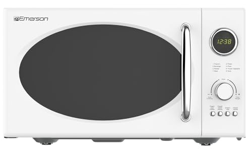 Emerson MWRG0901W 0.9 Cu. Ft. Retro Microwave with 1,000W Grill Function, 800W Cooking Power, LED Display, 5 Power Levels, 8 Auto Menus, Glass Turntable, Child Lock, White Countertop Design