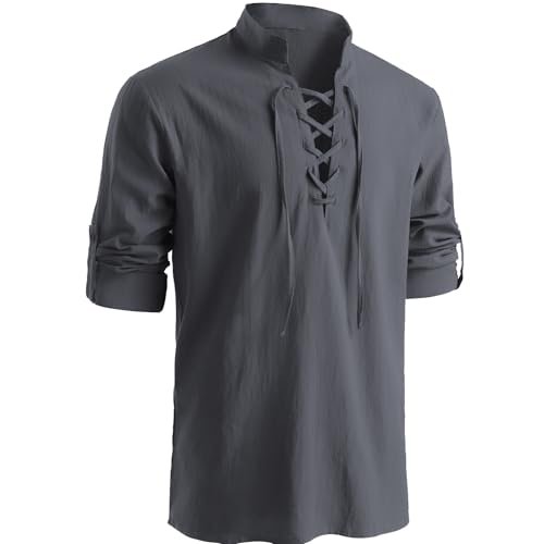 Medieval Retro Pirate Shirts for Men Renaissance Long Sleeve Shirts Viking Style Halloween Costume GY-XL Grey