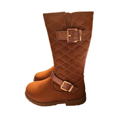 Girls Quilted Design Knee High Riding Boots with Glitter Straps for Kids Rust3