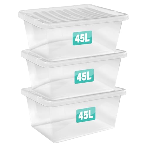 3 x 45 Litre Clear Plastic Storage Boxes With Lids Set of 3 Transparent Multipurpose Nestable Stackable Plastic Box With Lid Containers For Home Kitchen Garage Office Accessories