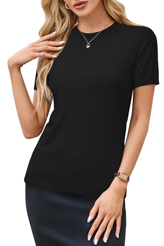 Image of Arach&Cloz Women's Lightweight Wool Blend Short Sleeve Sweater Top Business Casual