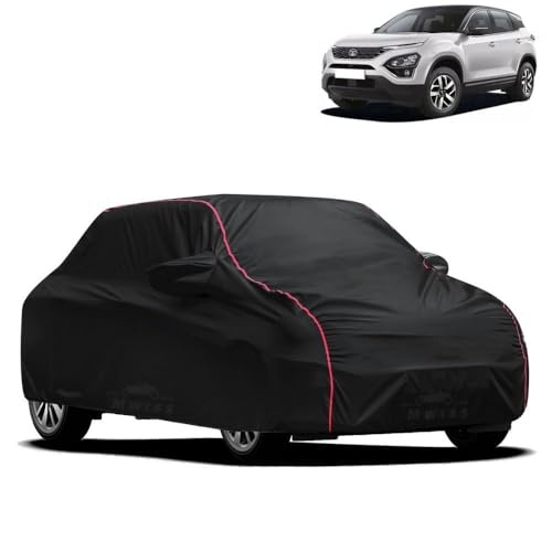 Image of Waterproof Car Cover for Tata Harrier | All-Weather Protection, Dustproof & UV Resistant | Triple Stitched Mirror Pockets, Windproof Buckle Strap with Elastic Hem, Black-Red Piping