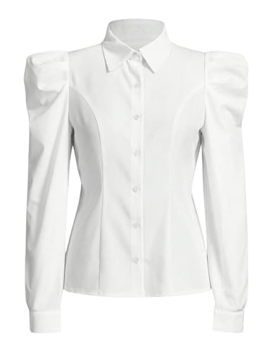 Floerns Women's Elegant Puff Long Sleeve Collared Shirts Button Down Dressy Blouse Top