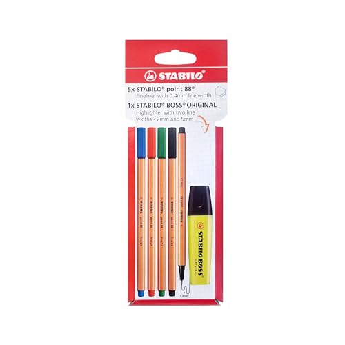 STABILO point 88 and BOSS ORIGINAL - Fineliner & Highlighter - Pack of 6 - Assorted Colours, Multicolor, 6 count (Pack of 1)