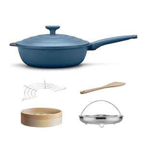 All-in-One Pan,Always Nonstick Large Skillet,Deep Frying Pan with Lid(11-inch), Multipurpose Saute pan,Strainer and Oil Drain Rack,PFOA Free chef’s pan,Dishwasher and Oven Safe(Cerulean)